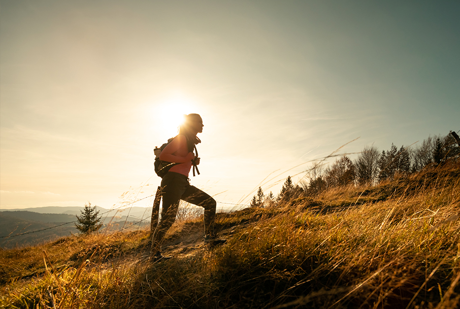 Person hiking up a hill