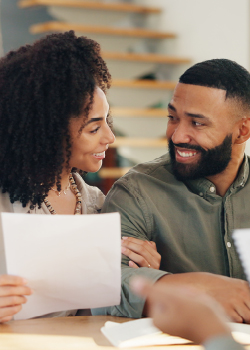 A woman and man looking at each other