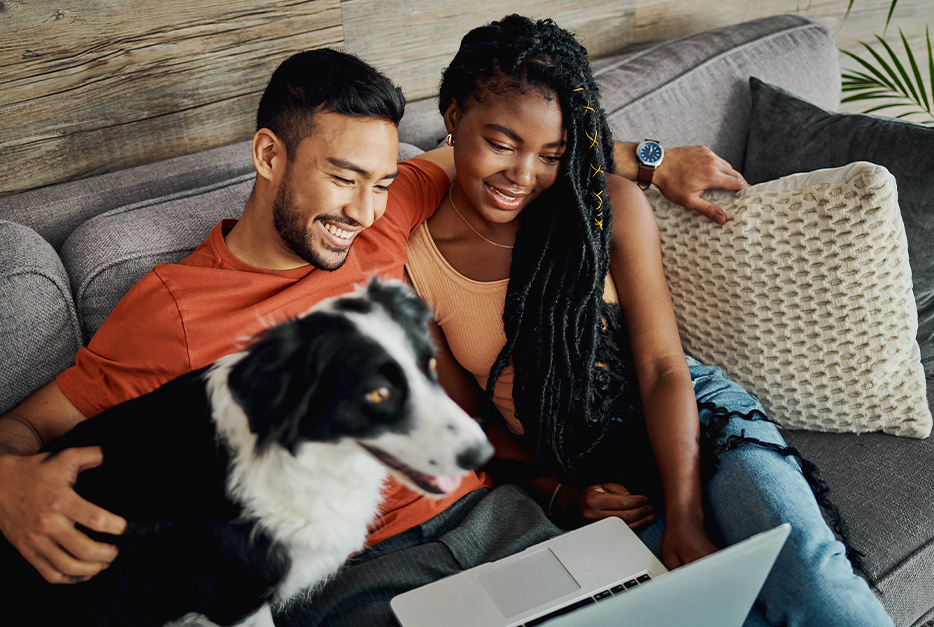 Couple sitting on a couch looking at a laptop