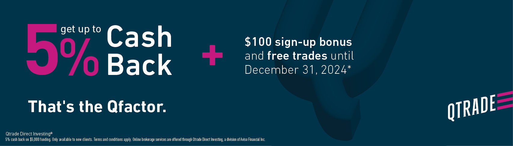 Get up to 5% Cash Back plus $100 sign-up bonus and free trades until December 31, 2024.* conditions apply